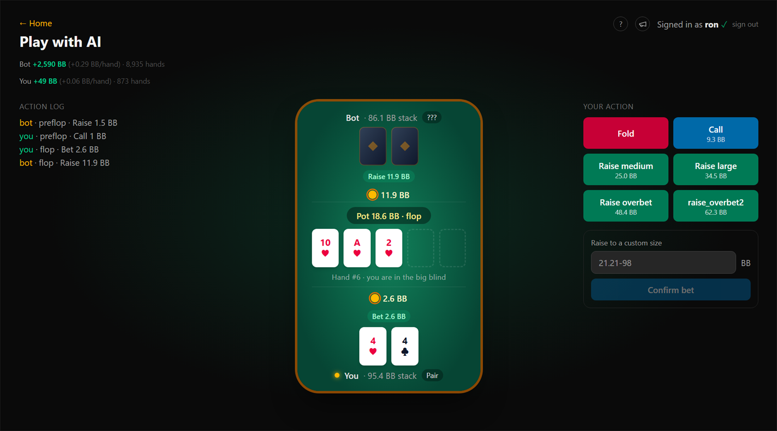 AllIn poker table interface mid-hand