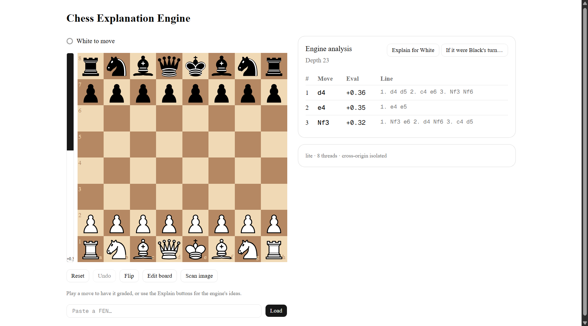 Chess position with an engine explanation panel